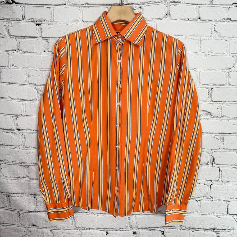 Vintage Ralph Lauren Black Label‎ Top Button Up Shirt Women's 14 Orange Striped